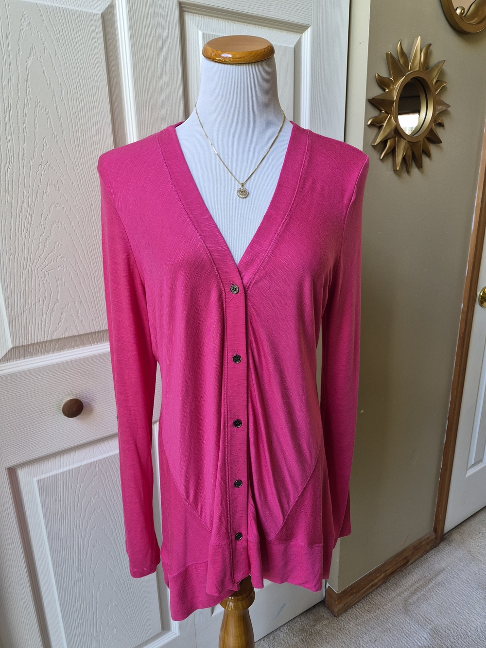 LOGO by Lori Goldstein Fuchsia V-Neck Button Cardigan